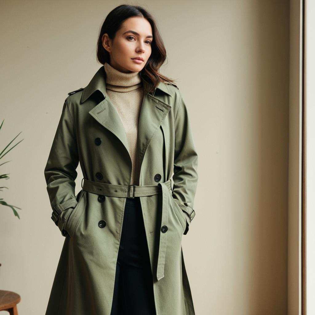 Stylish Woman in Olive Green Trench Coat and Beige Turtleneck Indoors