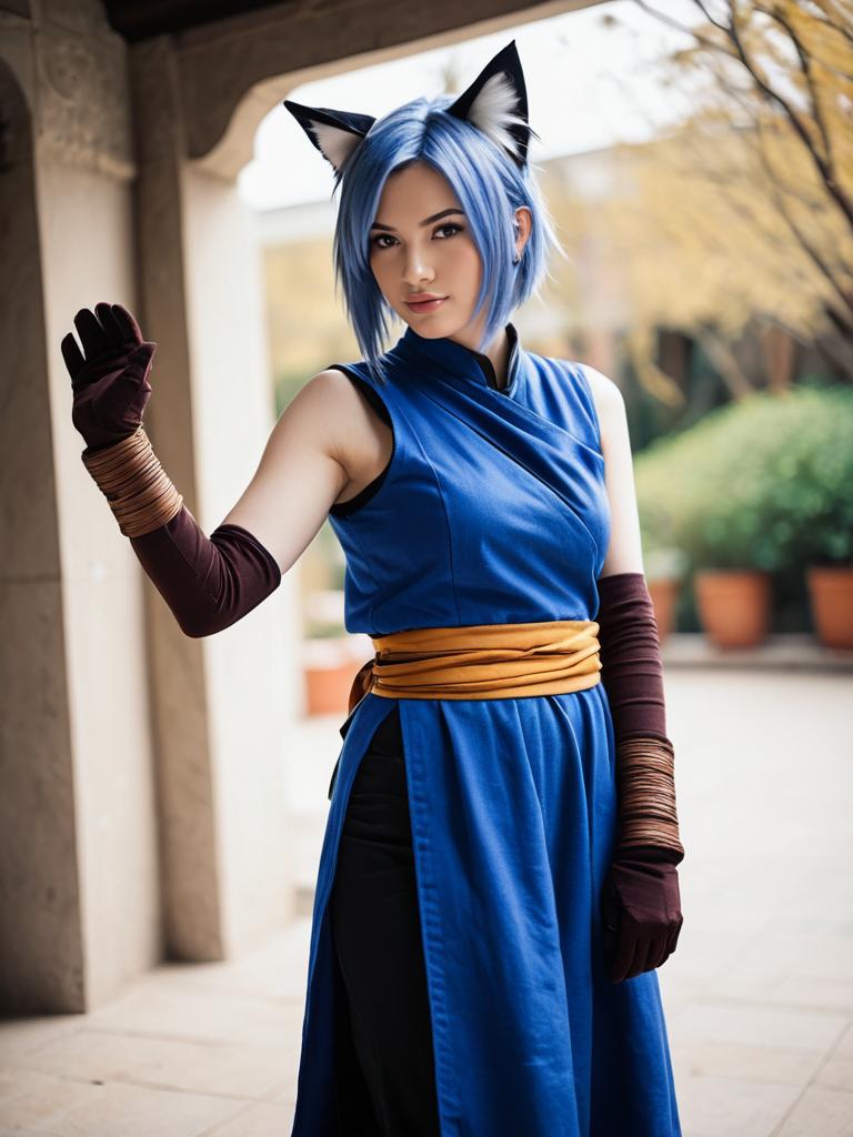 Final Fantasy Monk Cosplay Woman in Blue Tunic with Cat Ears