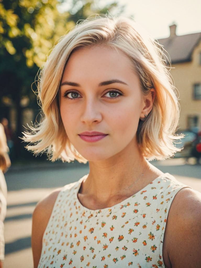 Petite blonde woman in floral dress outdoors