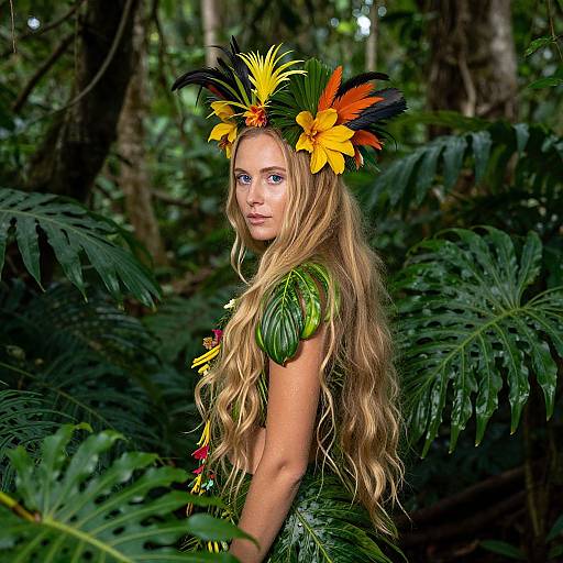 Woman in Tropical Leaf Outfit and Floral Headpiece in Jungle