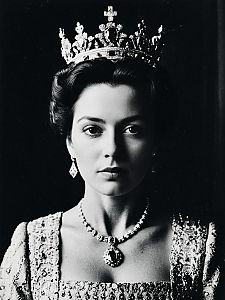 Regal Woman Wearing Crown and Jewelry Black and White Portrait