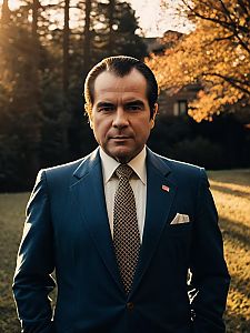 Man Cosplay Wearing Realistic Richard Nixon Costume Outdoors