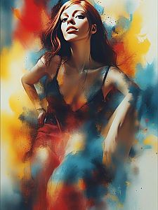 Confident Woman with Red Hair in Vibrant Abstract Art