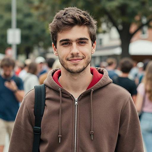 Young Man in Brown Hoodie Smiling Outdoors in Urban Setting