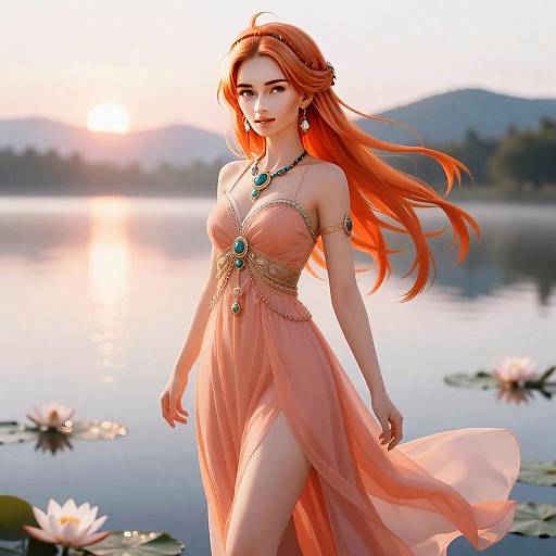 Red-Haired Woman in Flowing Dress by Serene Lake at Sunset