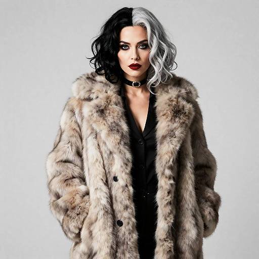 Woman in Cruella Costume with Black and White Hair and Fur Coat