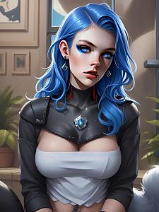 Futuristic Woman with Blue Hair and Armor Outfit