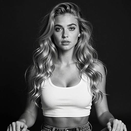 Black and White Portrait of Woman with Wavy Blonde Hair in White Crop Top