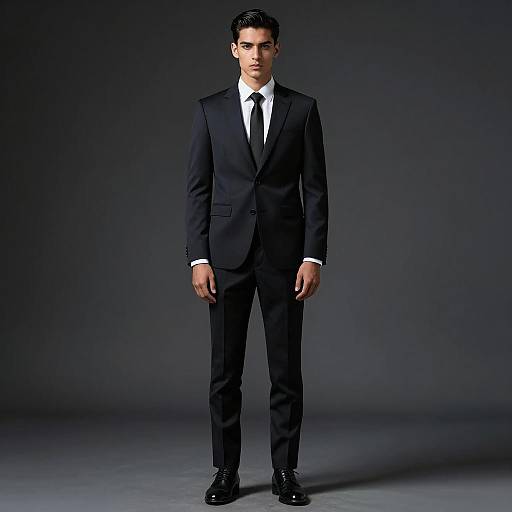 Young Man Wearing Modern Black Suit with Tie in Studio