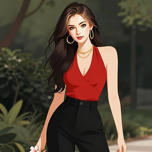 Stylish Young Woman in Red Top and Black Pants Digital Illustration