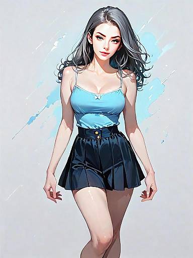 Stylish Woman in Blue Top and Black Skirt Digital Portrait Illustration