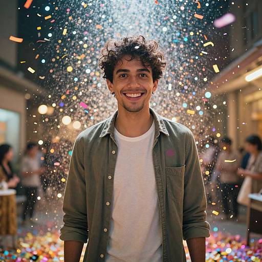 Happy Young Man Celebrating with Confetti in Urban Setting