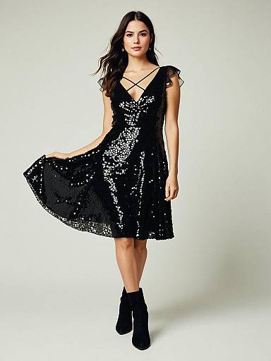 Contemporary Black Sequined Slip Dress with Scoop Neckline for Women