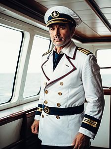 Man in Ship Captain Costume Waist Up Editorial Portrait Photorealistic