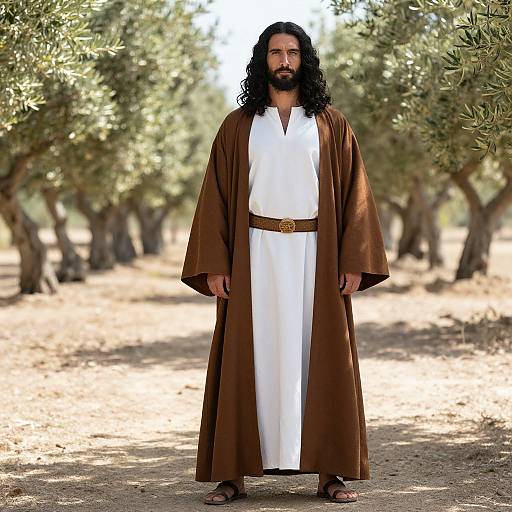Man in Traditional Biblical Attire Standing in Olive Grove