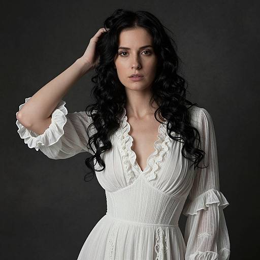 Elegant Woman in White Ruffled Dress with Curly Hair