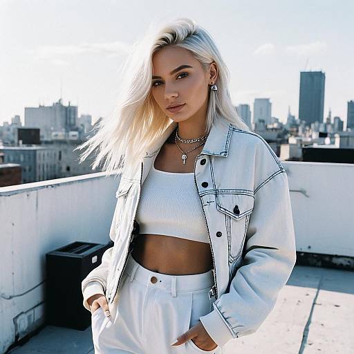 Stylish Young Woman in White Denim Jacket on Urban Rooftop with City Skyline
