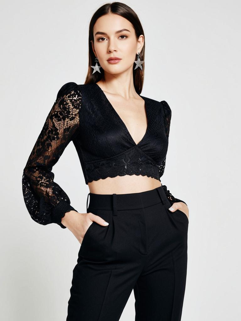 Contemporary Chic Woman in Black Lace Crop Top with Plunging Neckline and High-Waisted Trousers
