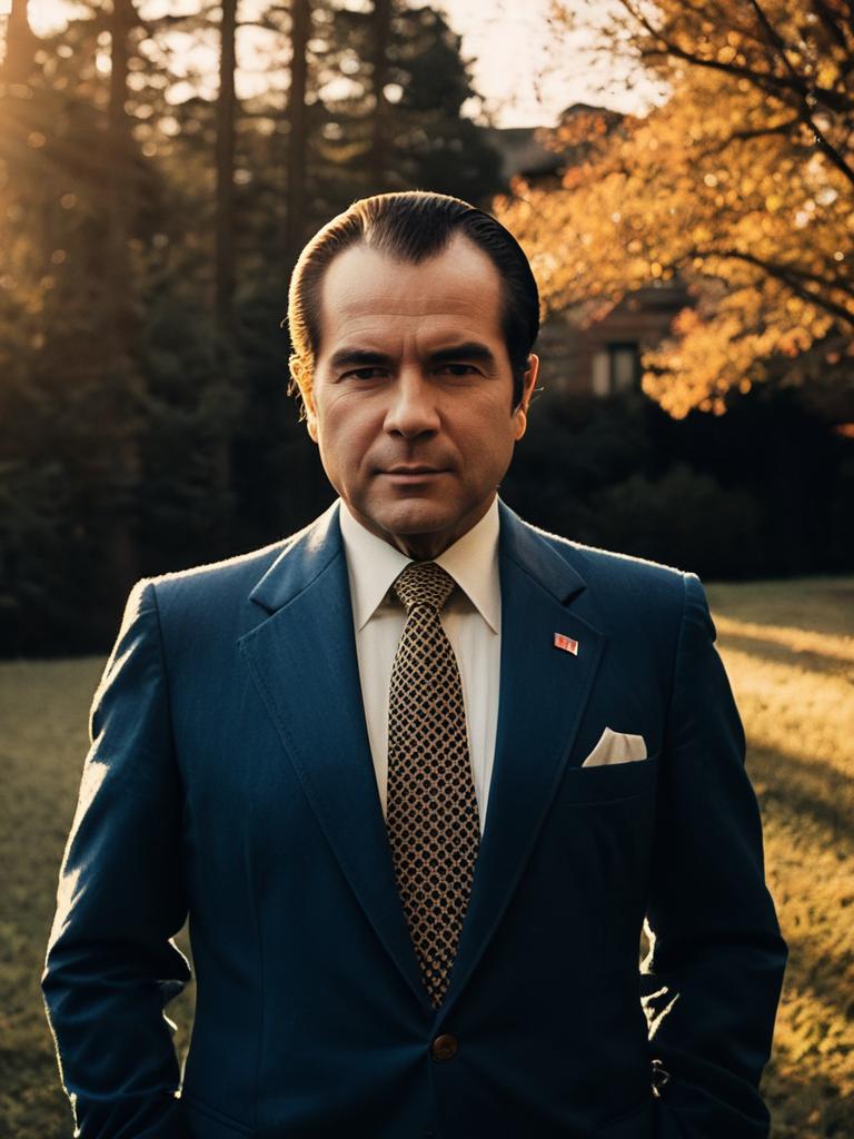 Man Cosplay Wearing Realistic Richard Nixon Costume Outdoors Man Cosplay Wearing Realistic Richard Nixon Costume Outdoors