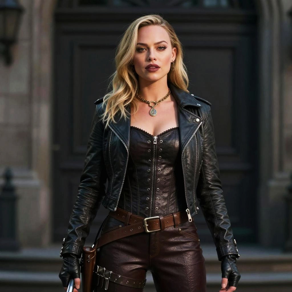 Confident Young Woman in Edgy Leather Urban Fashion Outfit