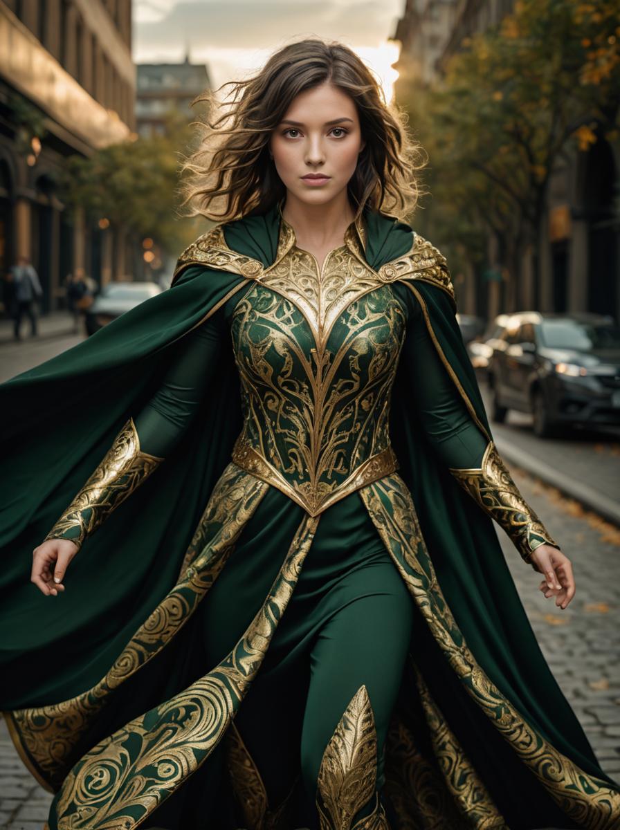 Regal Woman in Green and Gold Fantasy Costume