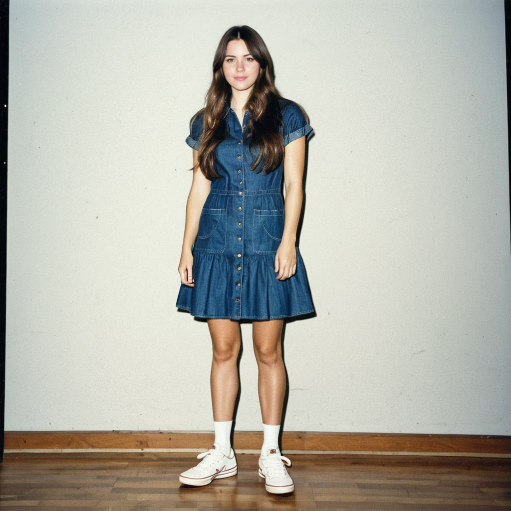 Young Woman in Denim Dress with Tennis Shoes Young Woman in Denim Dress with Tennis Shoes