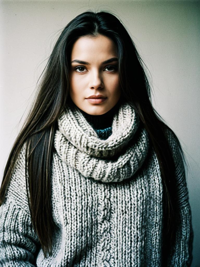 Portrait of Woman in Cozy Knitted Sweater and Scarf