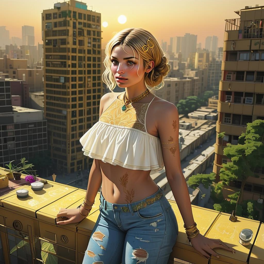 Stylish Woman on Rooftop at Sunset