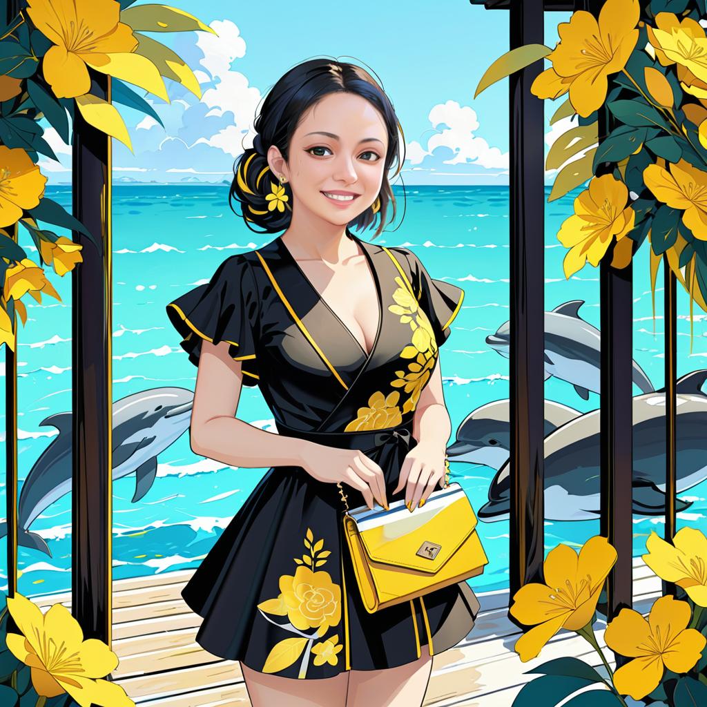 Anime Woman in Black and Yellow Floral Dress by Ocean