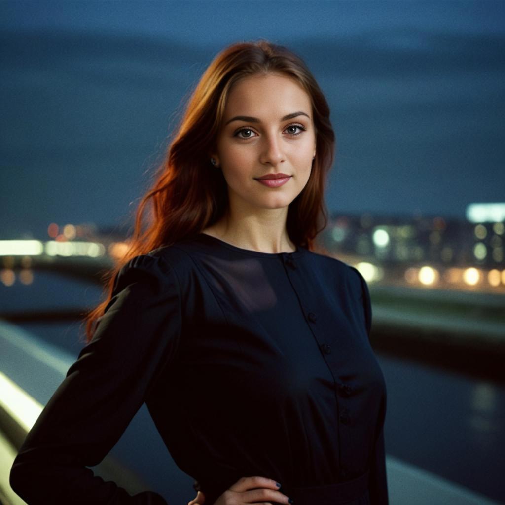 Elegant Woman in Black Outfit Against City Lights