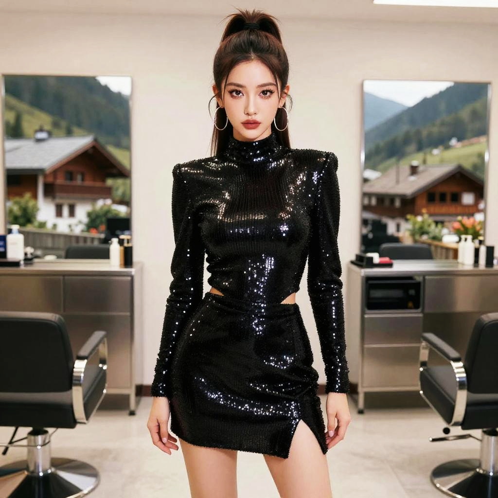 Woman Wearing High Neck Black Sequin Dress with Cut-Out Waist and Slit