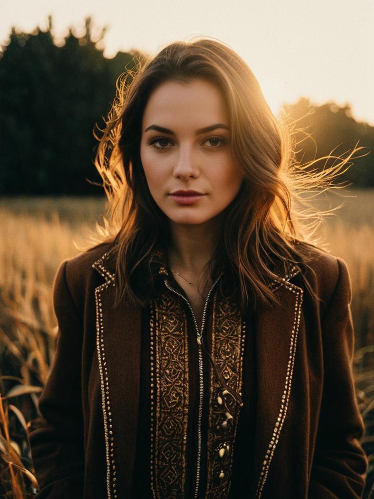 Woman in Brown Aesthetic Outfit Photorealistic Outdoor Portrait at Golden Hour
