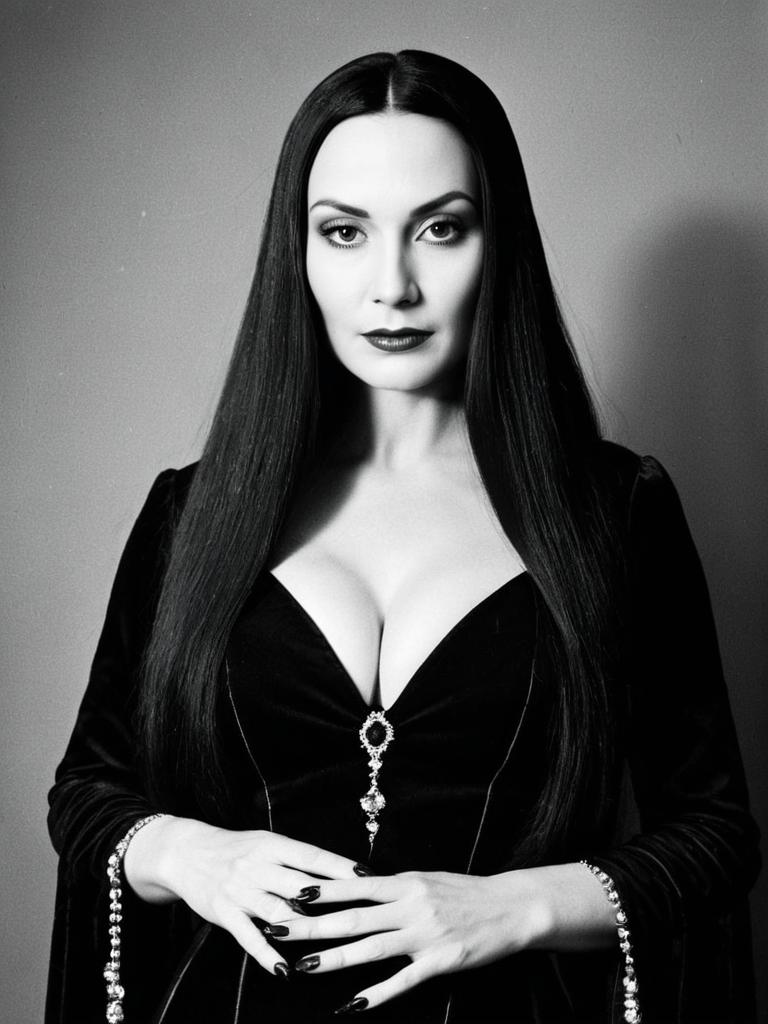 Woman in Morticia Addams Costume Glamour Black and White Portrait