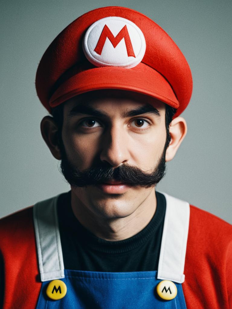 Photorealistic Editorial Portrait of Man in Mario Costume with Mustache