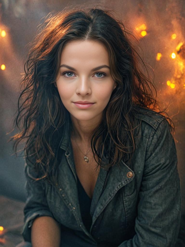 Woman in Green Shirt with Bokeh Lights