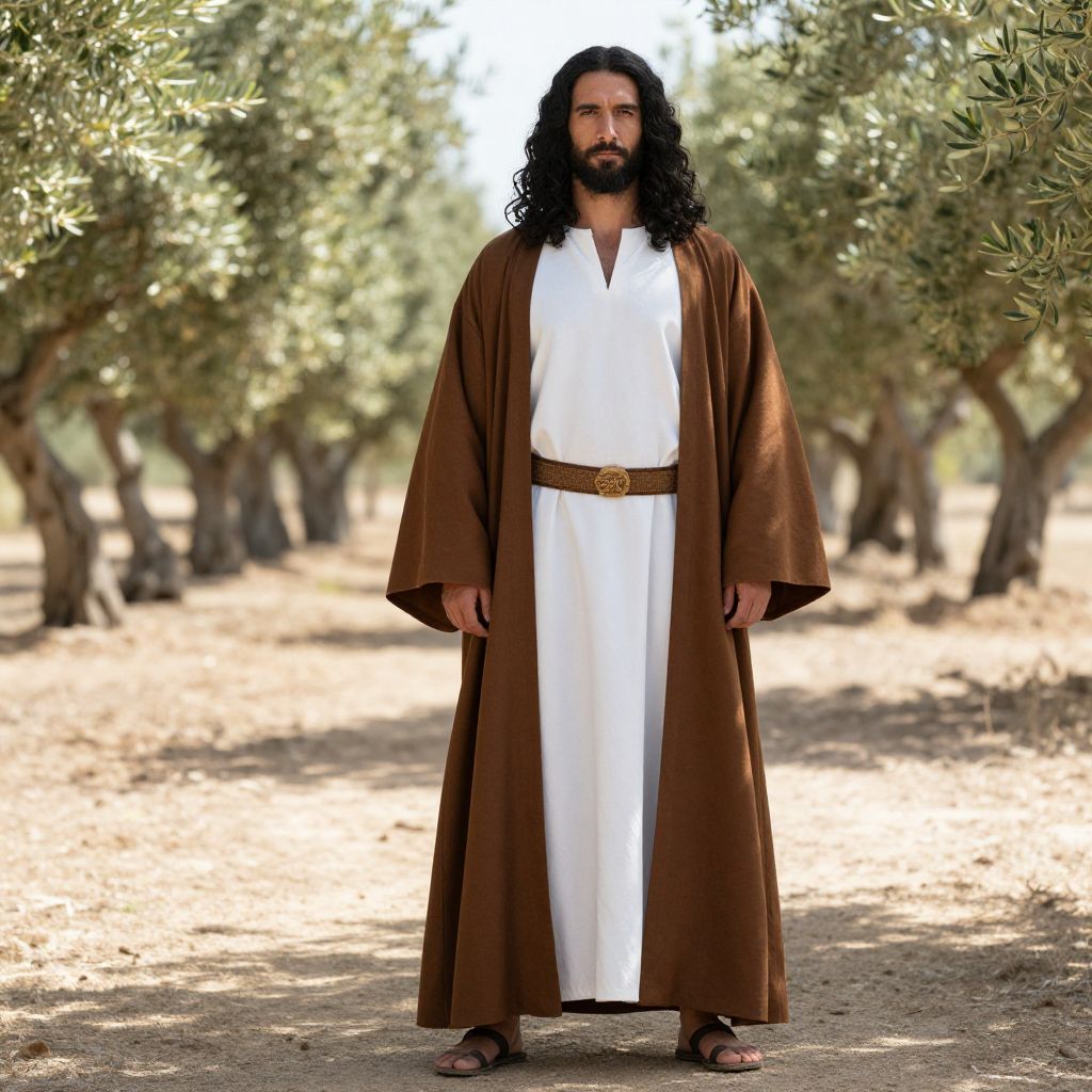 Man in Traditional Biblical Attire Standing in Olive Grove