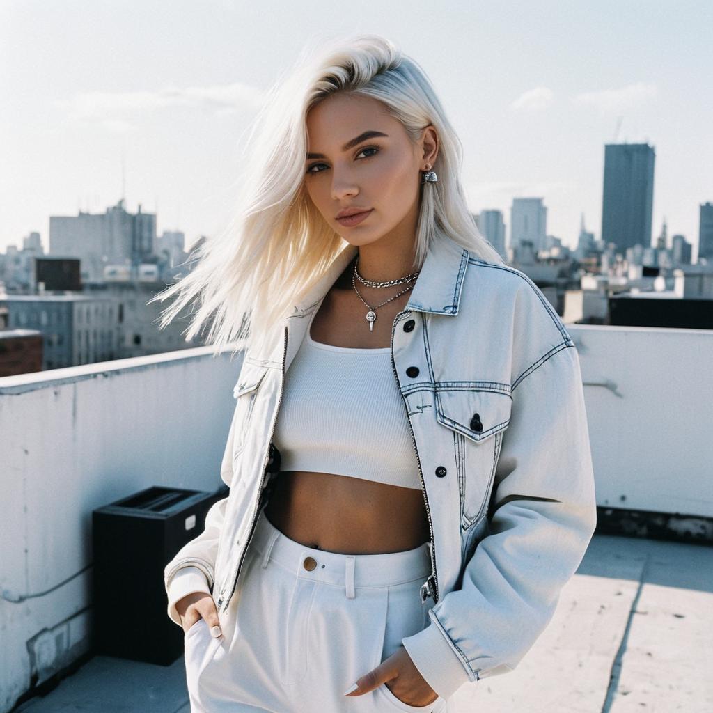 Stylish Young Woman in White Denim Jacket on Urban Rooftop with City Skyline