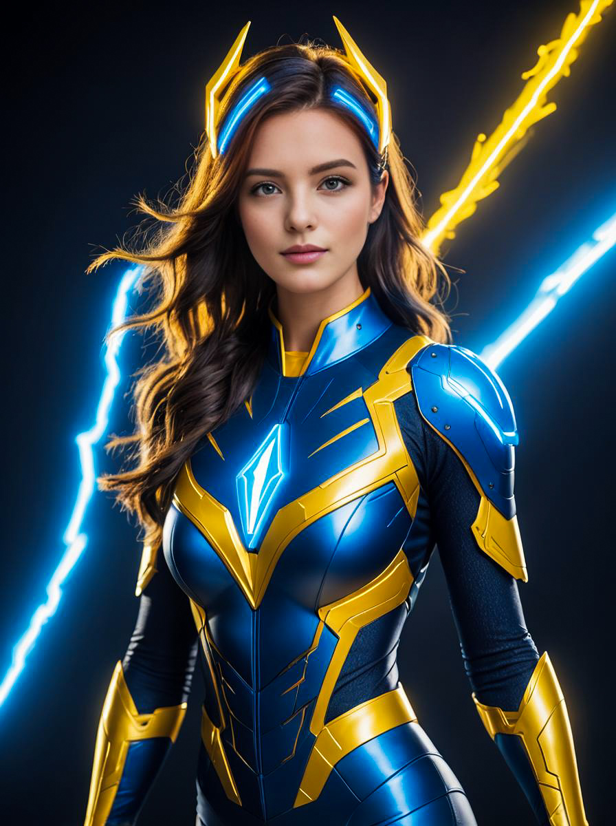 Futuristic Superhero Cosplay with Blue and Gold Electro Costume