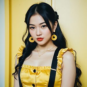 Woman in Yellow Satin Outfit with Ruffled Sleeves
