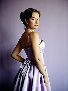 Elegant Woman in Satin Lavender Dress with Pearls Classic Vintage Style