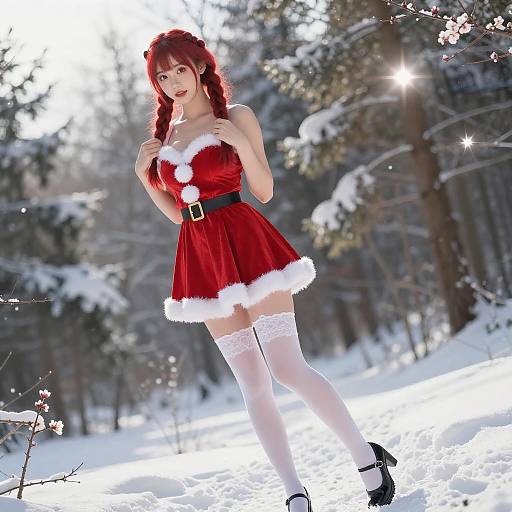 Young Woman in Red Santa Dress Posing in Snowy Forest