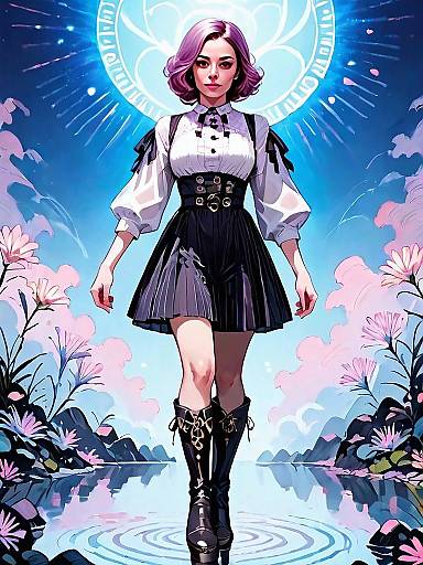 Dark Fantasy Woman Full Body Illustration Walking at Nighttime with Mystical Flowers