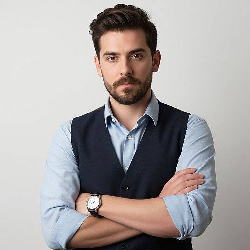 Confident Man in Light Blue Shirt and Dark Vest with Arms Crossed