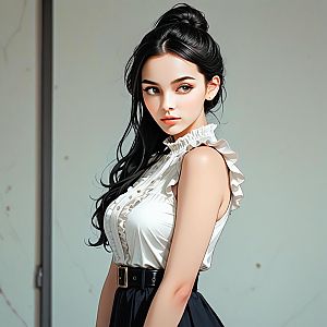 Thoughtful Young Woman in White Blouse and Black Skirt
