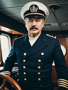 Man in Ship Captain Costume Waist Up Editorial Portrait Photorealist
