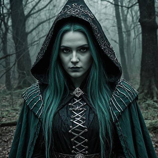 Mysterious Woman in Hooded Cloak with Teal Hair in Foggy Forest