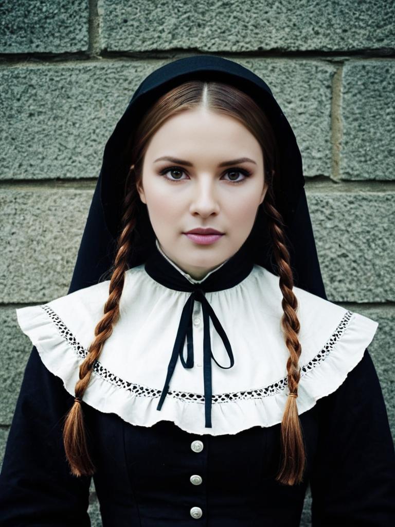 Portrait of Woman in Traditional Colonial-Style Costume with Braided Hair