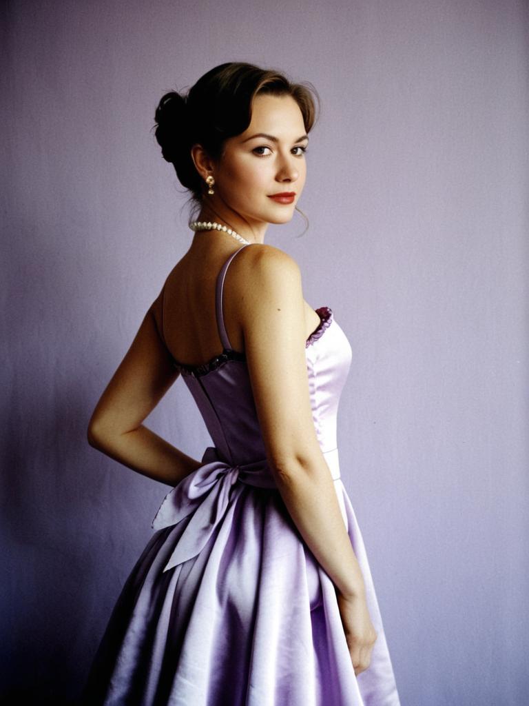 Elegant Woman in Satin Lavender Dress with Pearls Classic Vintage Style