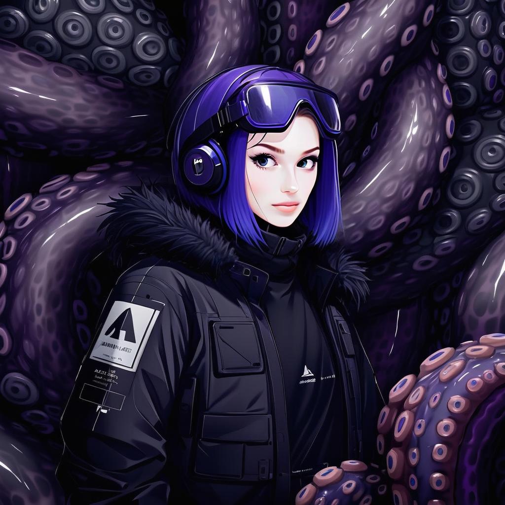 Purple-haired Woman with Sci-Fi Goggles Amid Glossy Octopus Tentacles Anime Art