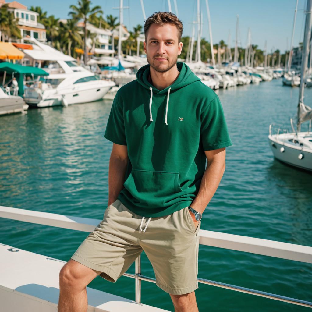 Confident Man Posing on Boat Railing at Marina